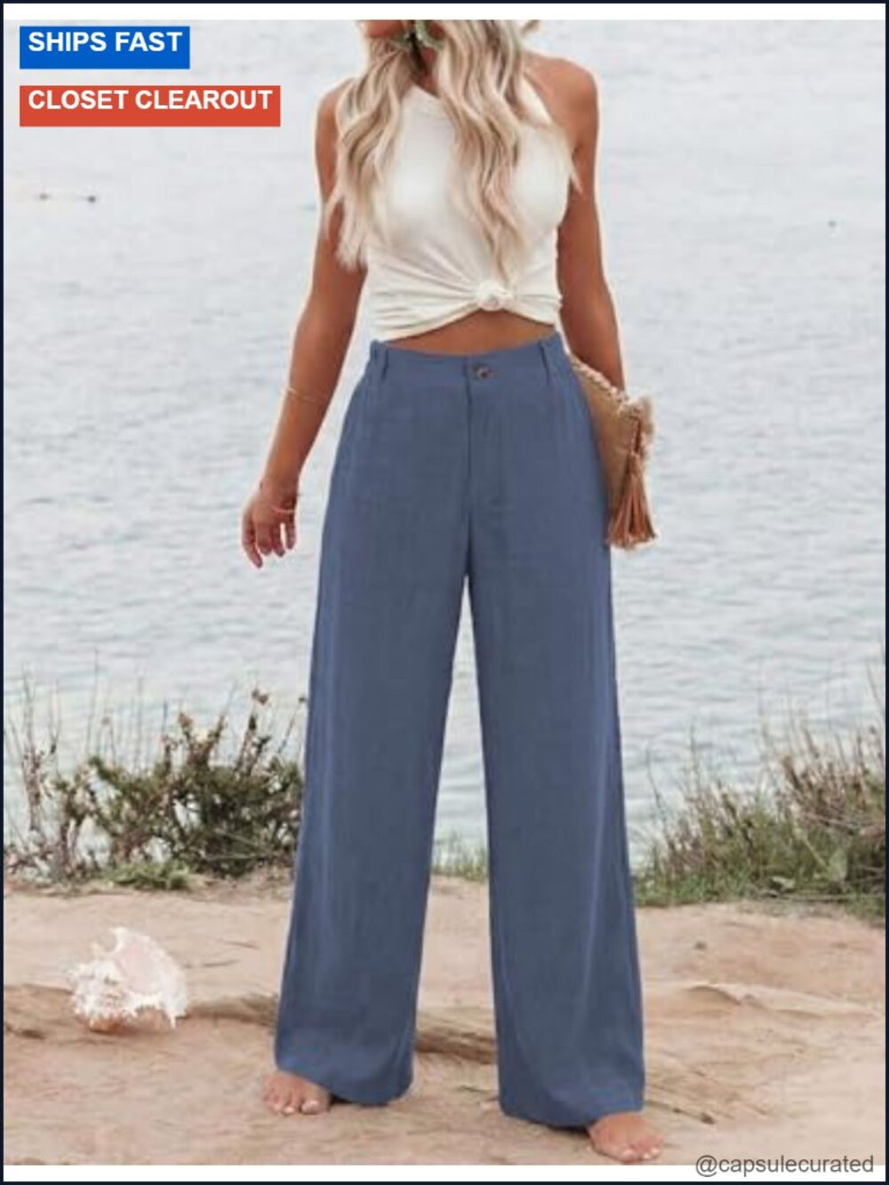 High Waisted Wide Leg Linen Pants with Front Button & Back Elastic - Picture 2 of 6